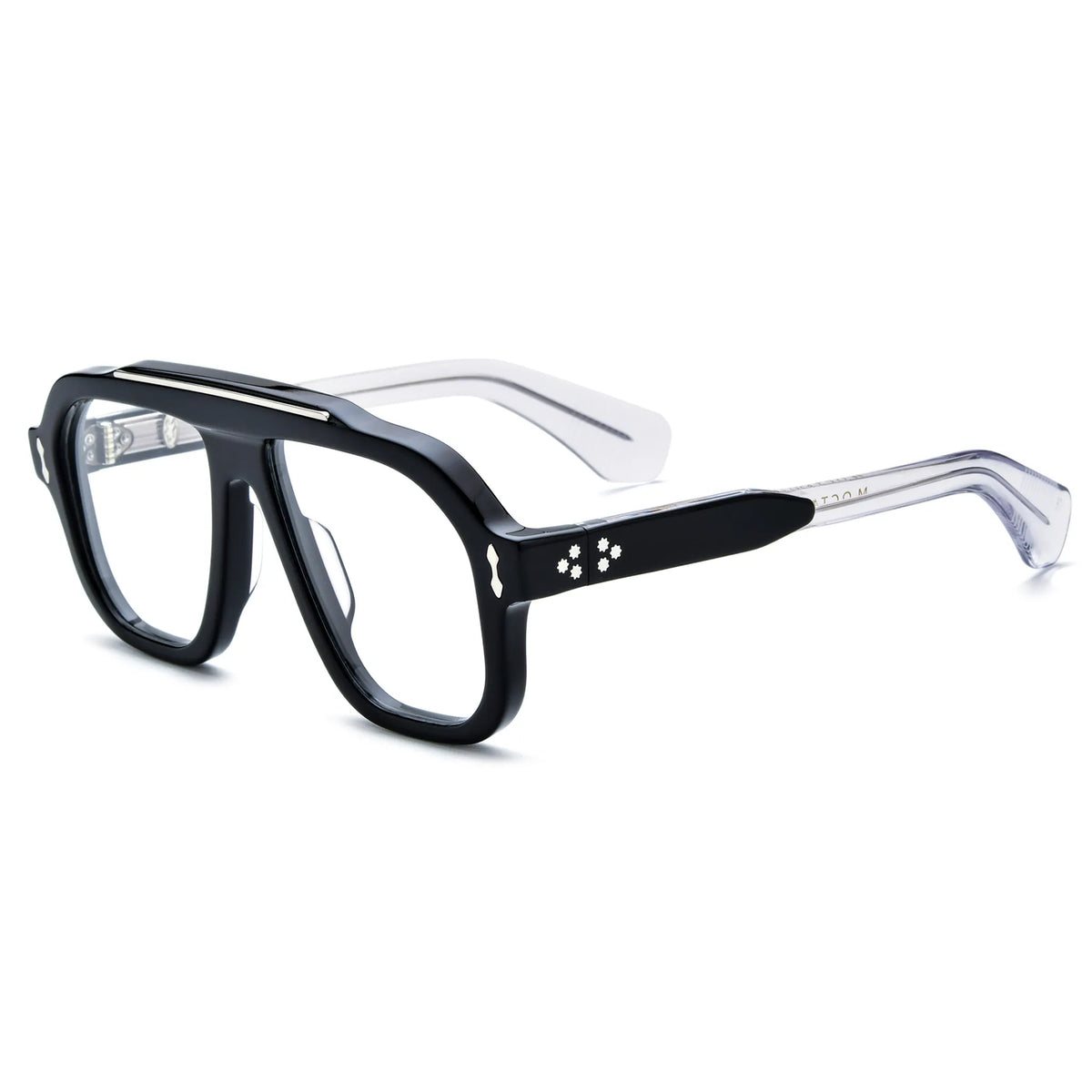 Barledear Crystal Noir eyeglasses angled side view showing clear temples, black acetate temple accents, silver-tone inlays and screw hinges
