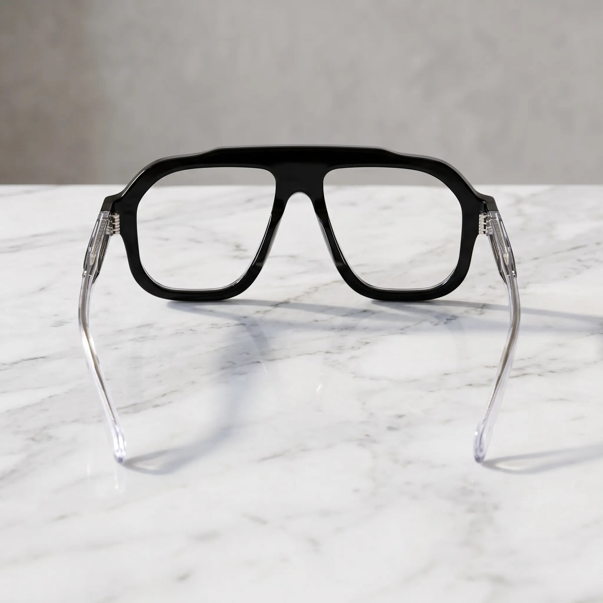 Barledear Crystal Noir eyeglasses back view showing the full-rim black square aviator frame, integrated nose pads and transparent temple arms
