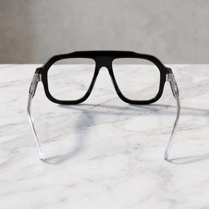 Barledear Crystal Noir eyeglasses back view showing the full-rim black square aviator frame, integrated nose pads and transparent temple arms