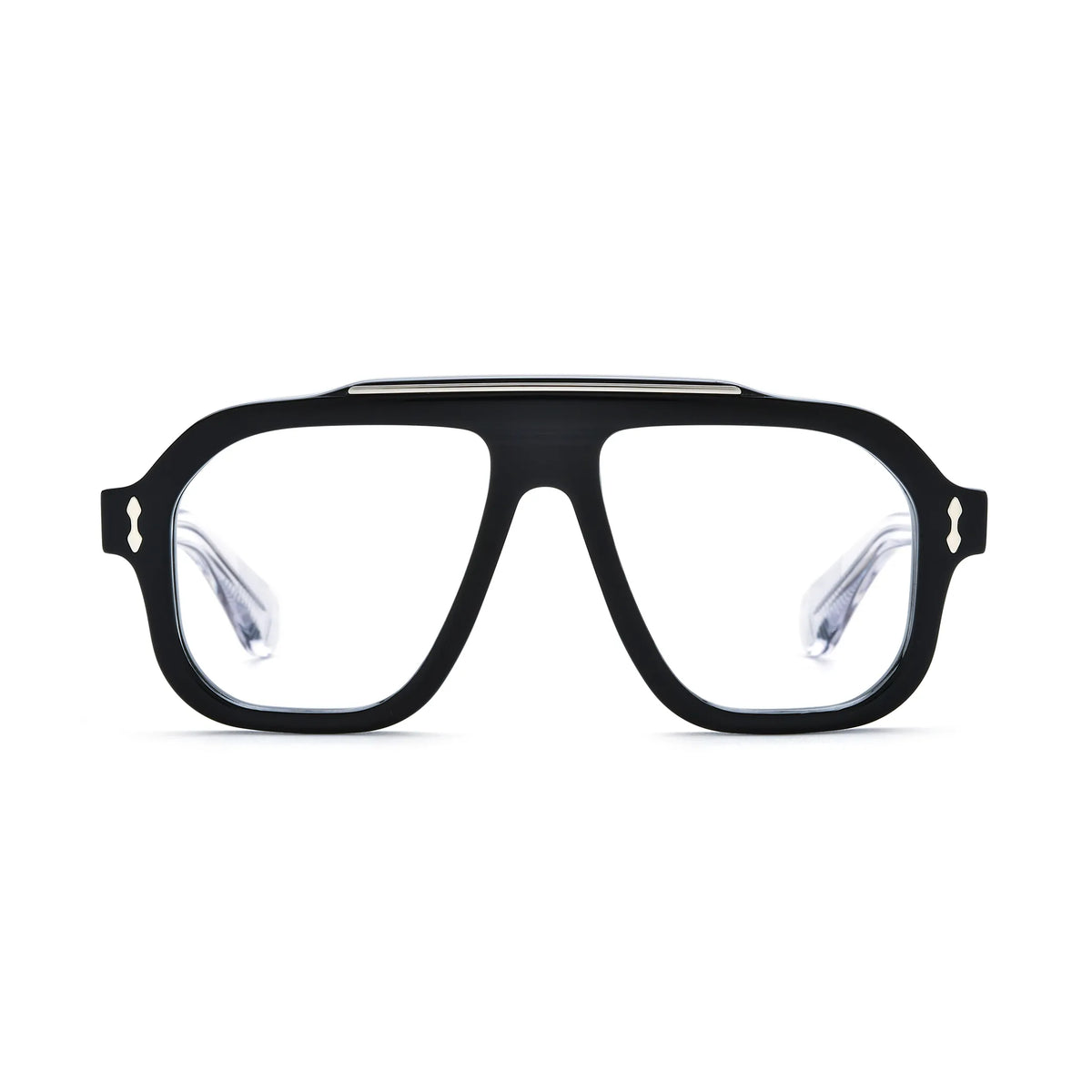 Barledear Crystal Noir square aviator acetate eyeglasses front view with polished black frame, transparent temples and silver-tone brow accent