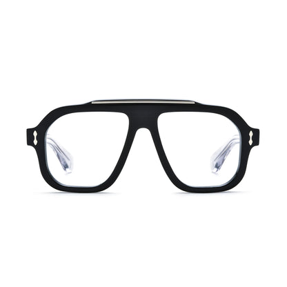 Barledear Crystal Noir square aviator acetate eyeglasses front view with polished black frame, transparent temples and silver-tone brow accent