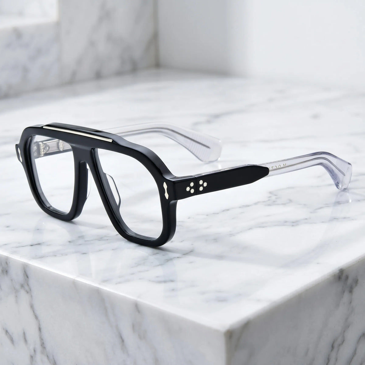 Barledear Crystal Noir eyeglasses angled side view showing clear temples, black acetate temple accents, silver-tone inlays and screw hinges