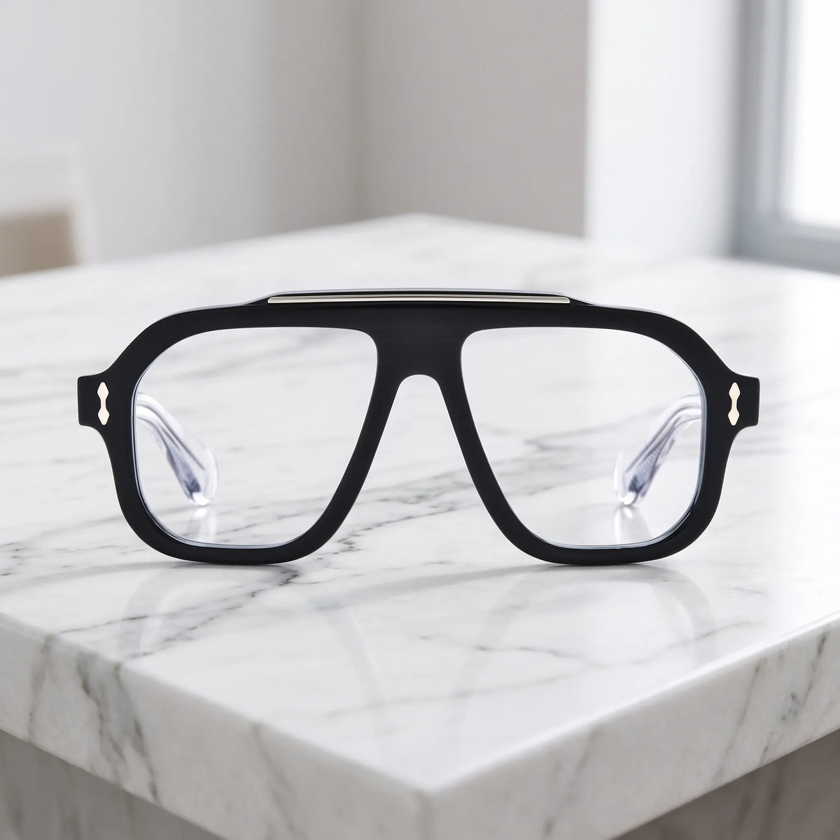 Barledear Crystal Noir square aviator eyeglasses displayed in a clean lifestyle front view with black acetate front and clear temple arms