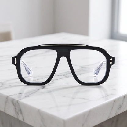 Barledear Crystal Noir square aviator eyeglasses displayed in a clean lifestyle front view with black acetate front and clear temple arms