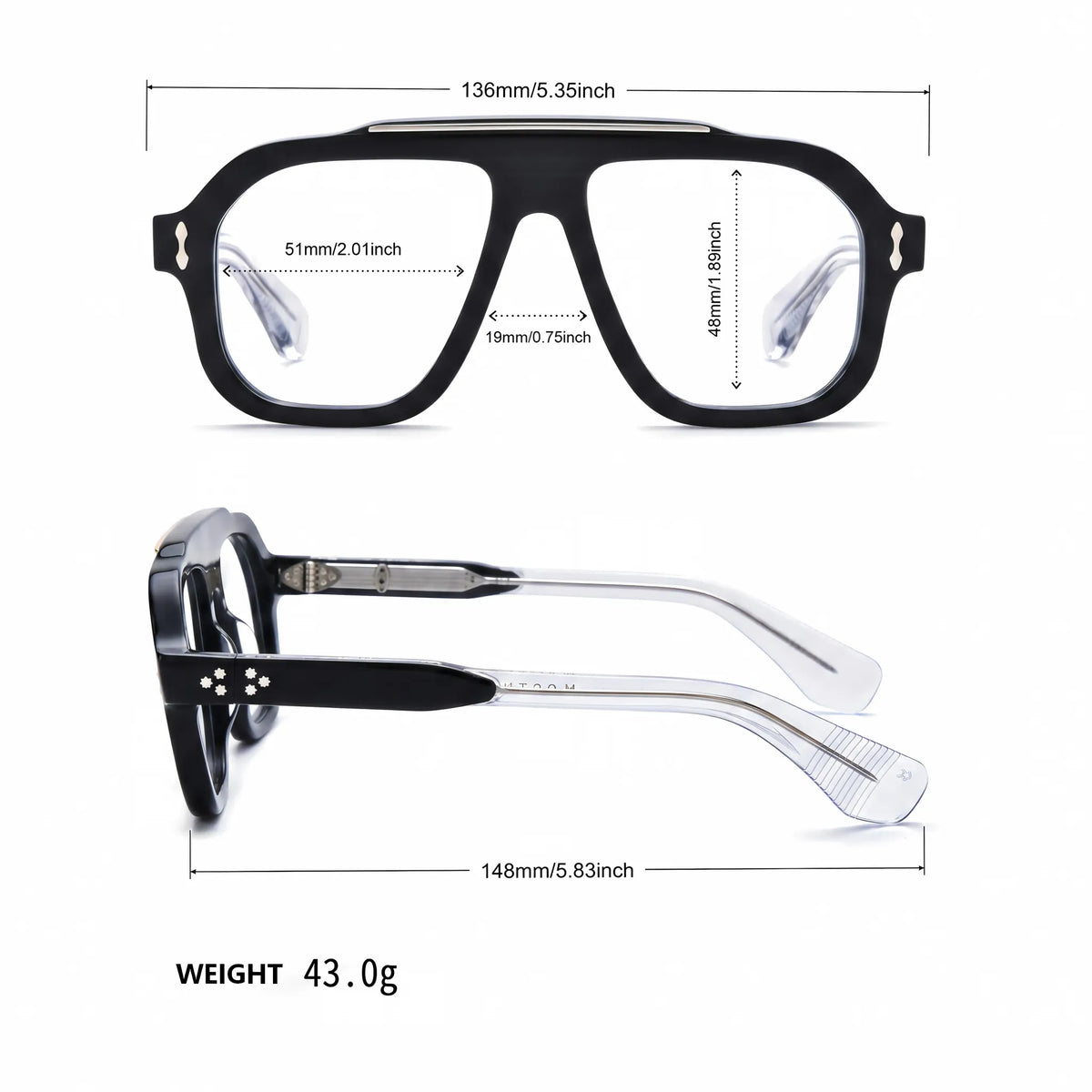 Barledear Crystal Noir eyeglasses size chart showing 136 mm frame width, 51 mm lens width, 48 mm lens height, 19 mm bridge, 148 mm temple length and 43 g weight
