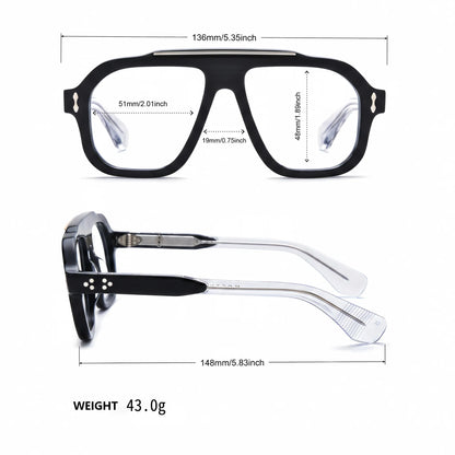 Barledear Crystal Noir eyeglasses size chart showing 136 mm frame width, 51 mm lens width, 48 mm lens height, 19 mm bridge, 148 mm temple length and 43 g weight