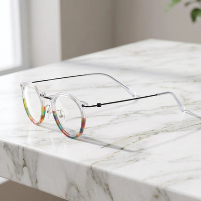Barledear Crystal Rainbow eyeglasses angled side view showing slim wire temples adjustable nose pads and bridge detail