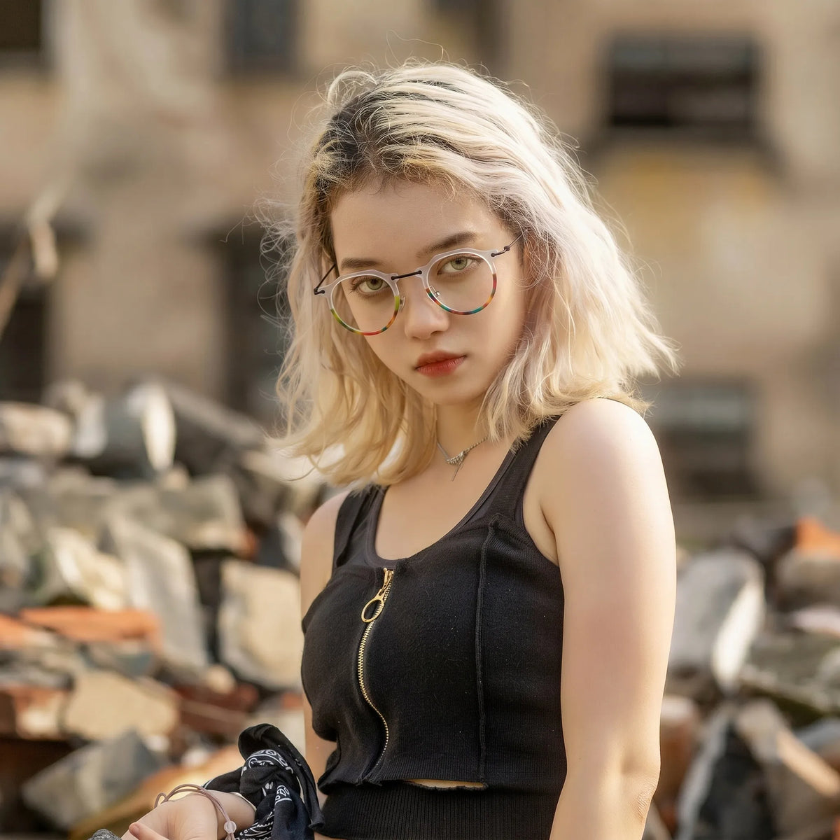 Model wearing Barledear Crystal Rainbow eyeglasses in a lifestyle portrait showing the retro oval acetate metal frame