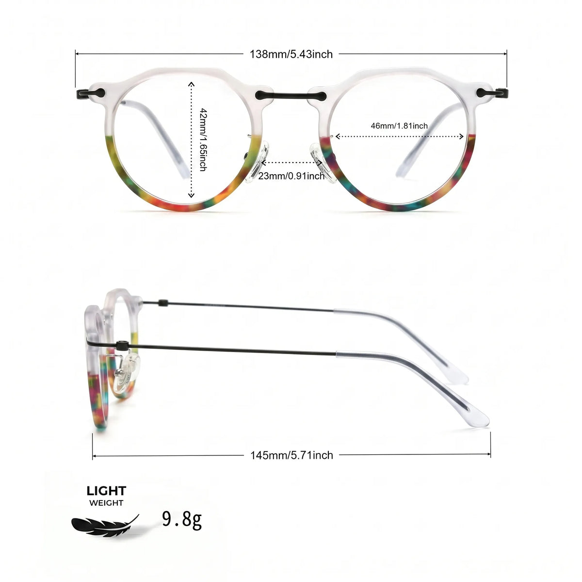 Barledear Crystal Rainbow eyeglasses size chart with 138mm frame width 46mm lens width 42mm lens height 23mm bridge and 145mm temple measurements