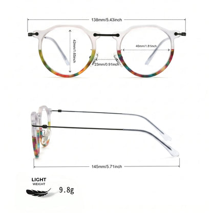 Barledear Crystal Rainbow eyeglasses size chart with 138mm frame width 46mm lens width 42mm lens height 23mm bridge and 145mm temple measurements