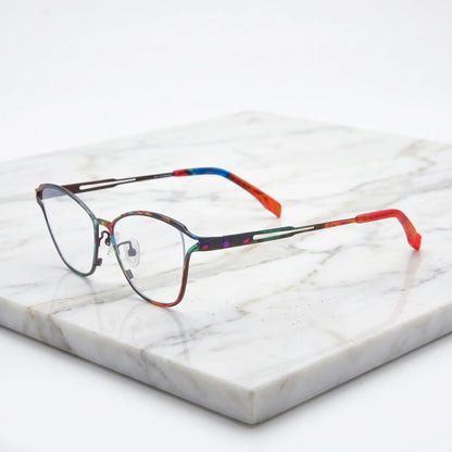 Barledear Dark Prism Tortoise eyeglasses angled side view showing slim cutout temples and adjustable nose pads