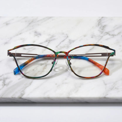 Barledear Dark Prism Tortoise eyeglasses folded display showing slim titanium frame and colorful patterned temple design