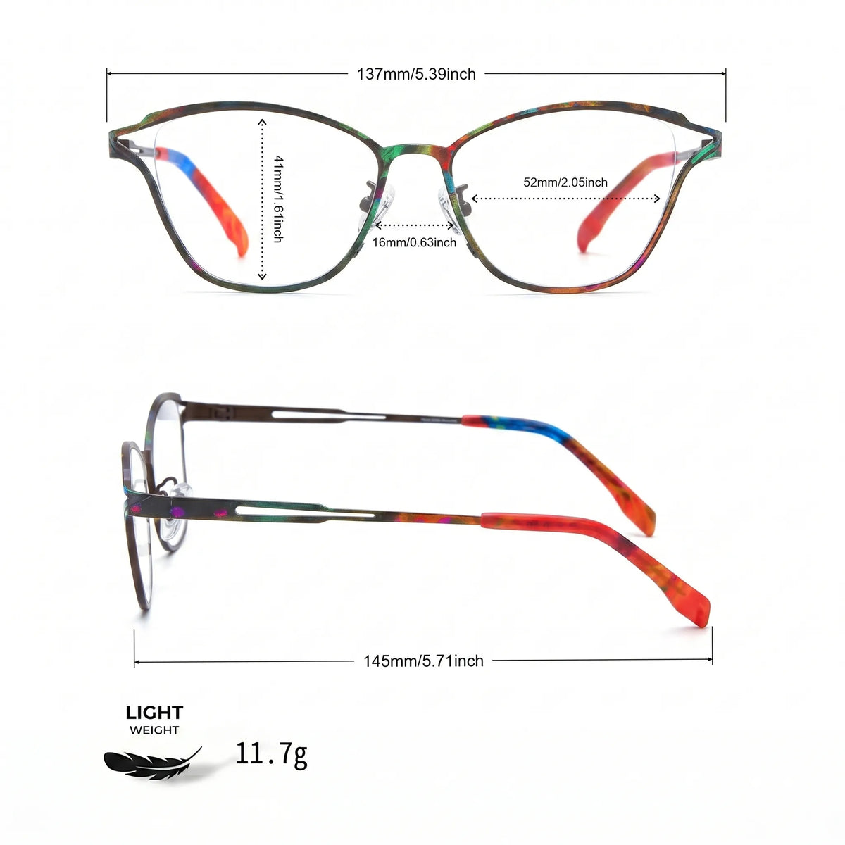 Barledear Dark Prism Tortoise eyeglasses size chart with 137 mm frame width, 52 mm lens width, 41 mm lens height, 16 mm bridge, and 145 mm temple
