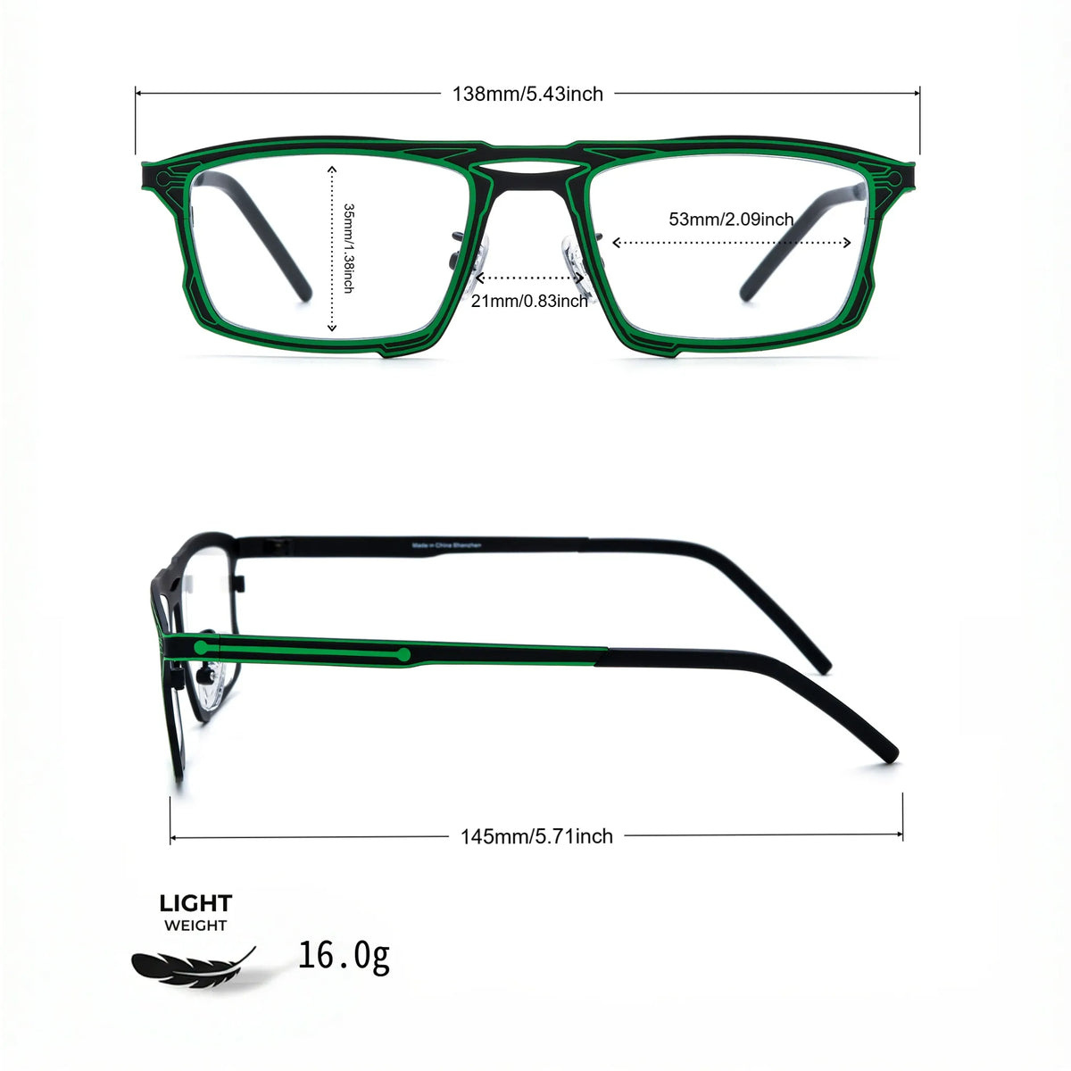 Barledear Electric Ivy Black eyeglasses size chart showing 138 mm frame width, 53 mm lens width, 35 mm lens height, 21 mm bridge, and 145 mm temple length