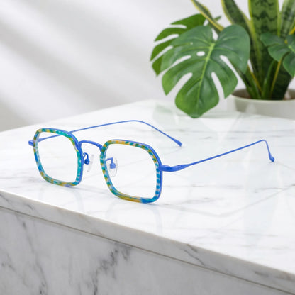 Barledear Electric Mosaic Blue eyeglasses angled side view showing slim titanium temples and bridge detail