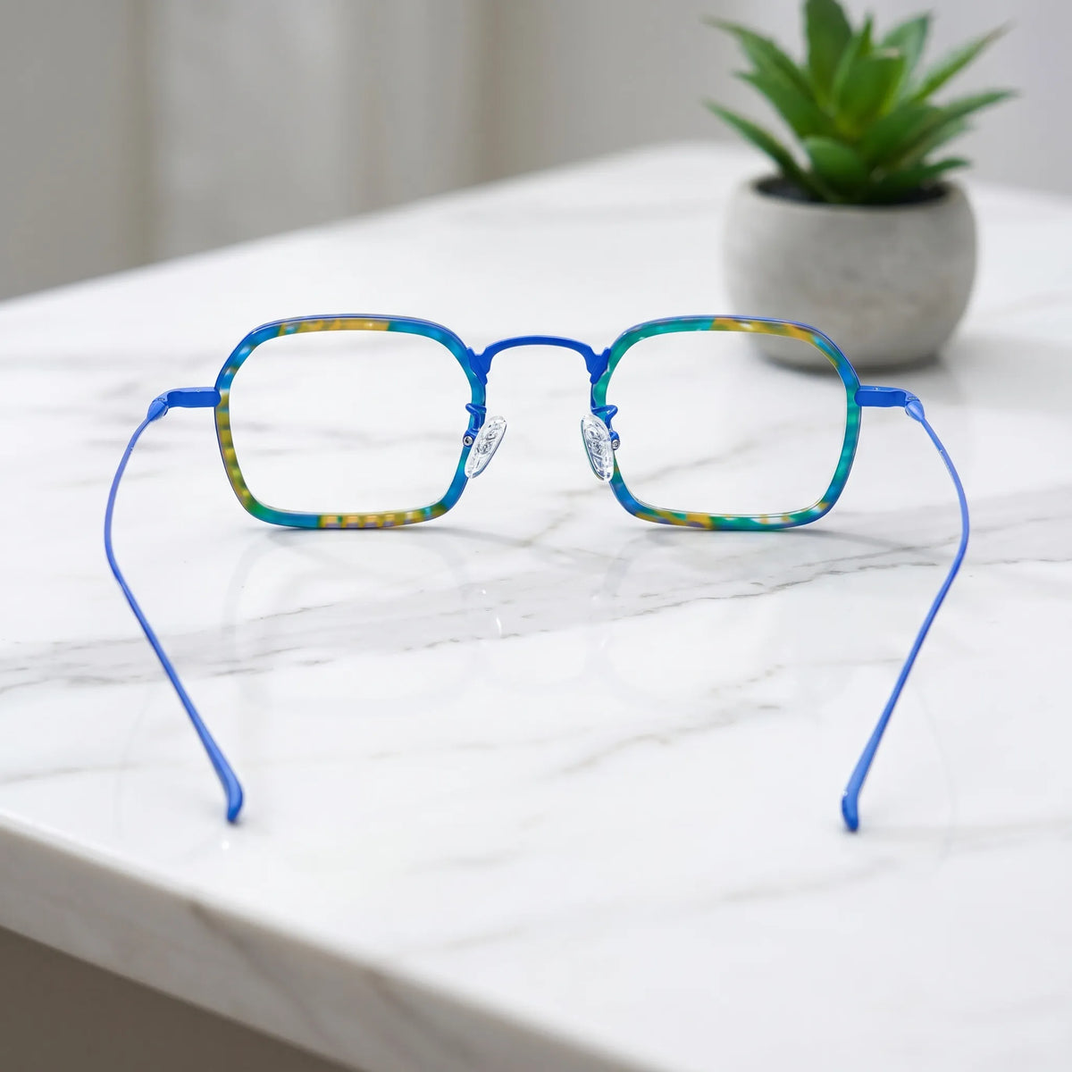 Barledear Electric Mosaic Blue eyeglasses back view showing temple shape and full-rim frame structure