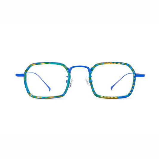 Barledear Electric Mosaic Blue eyeglasses front view with lightweight geometric acetate titanium frame