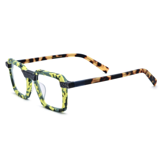 Barledear Electric Moss Tortoise square eyeglasses angled side view showing the black bridge and patterned temples
