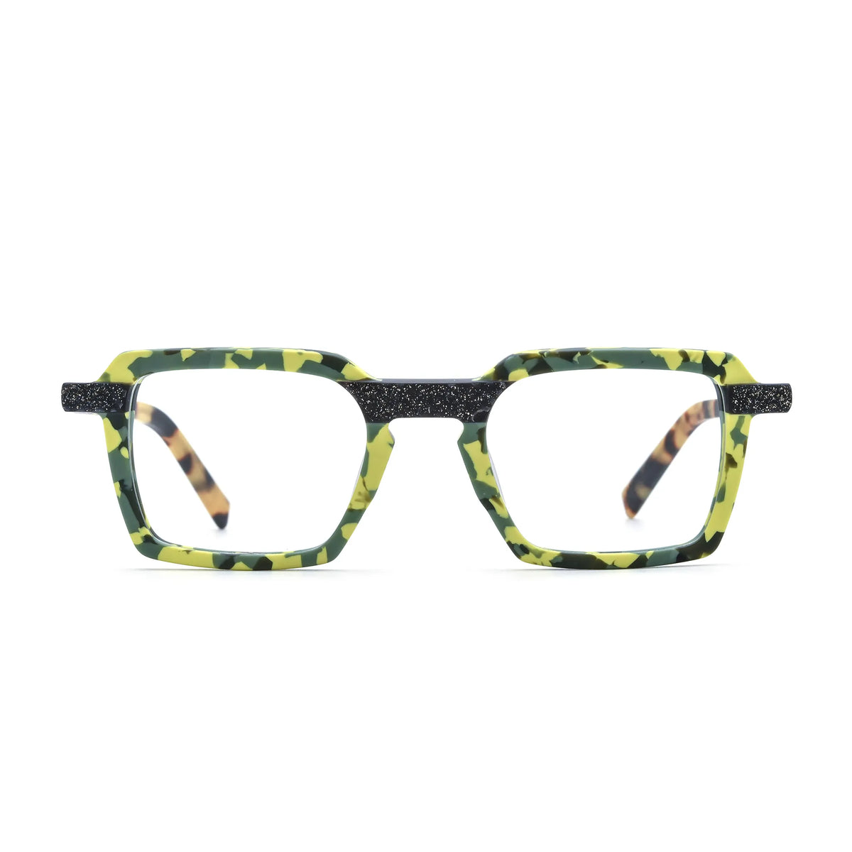 Barledear Electric Moss Tortoise square eyeglasses front view with a yellow green patchwork acetate frame