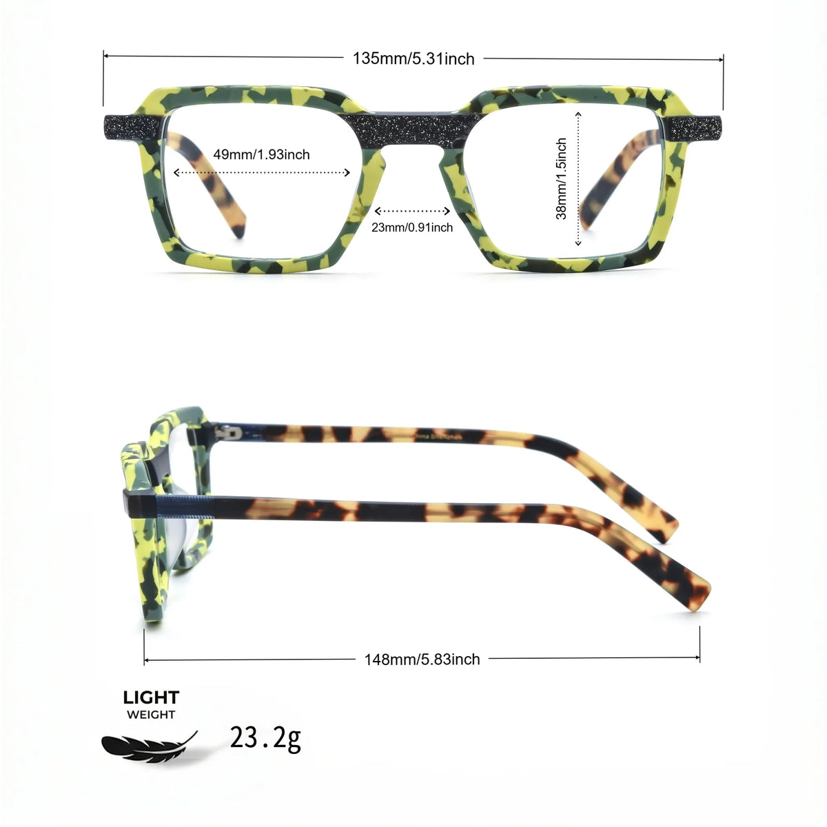 Barledear Electric Moss Tortoise eyeglasses size chart showing 135 mm frame width and 49-23-148 measurements