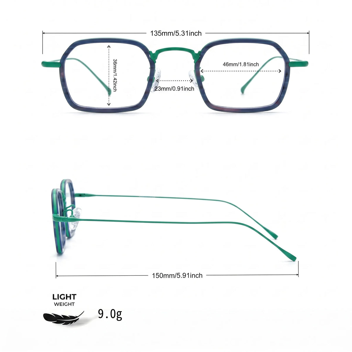 Barledear Emerald Graphite Green eyeglasses size chart with frame width lens width bridge and temple measurements