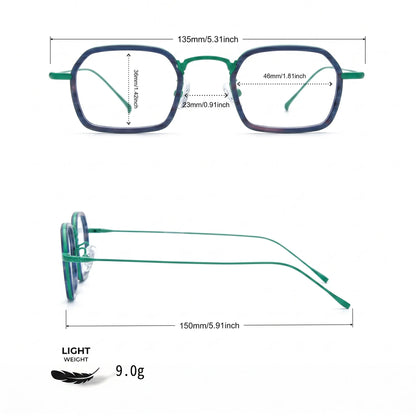 Barledear Emerald Graphite Green eyeglasses size chart with frame width lens width bridge and temple measurements