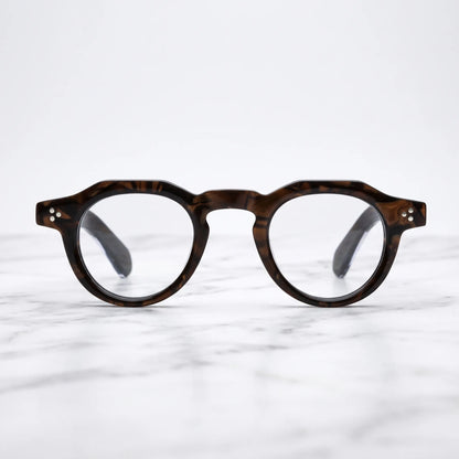 Barledear Espresso Tortoise retro geometric acetate eyeglasses showing the dark tortoise acetate frame in a clean lifestyle setting