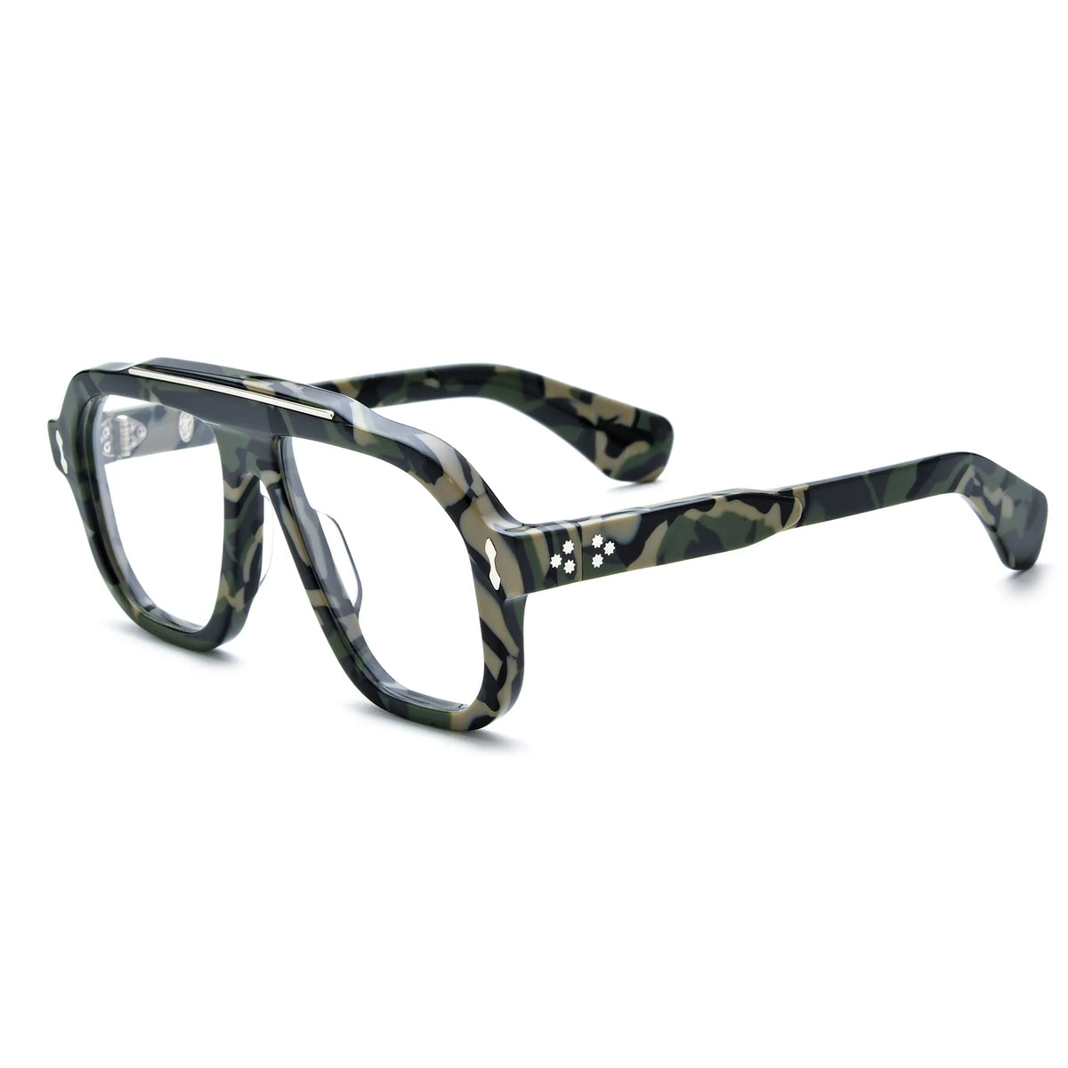 Barledear Field Camo Green eyeglasses angled side view showing matching camouflage temples, metal inlays and reinforced screw hinges