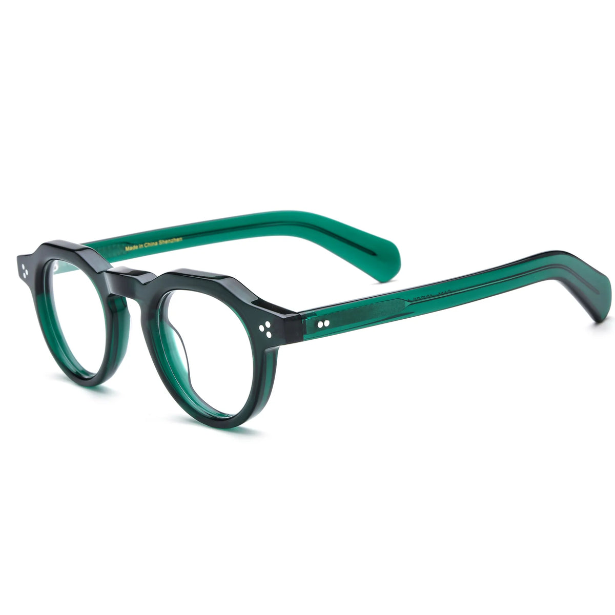 Barledear Forest Emerald retro geometric acetate eyeglasses showing the keyhole bridge, rivet accents, and temple construction