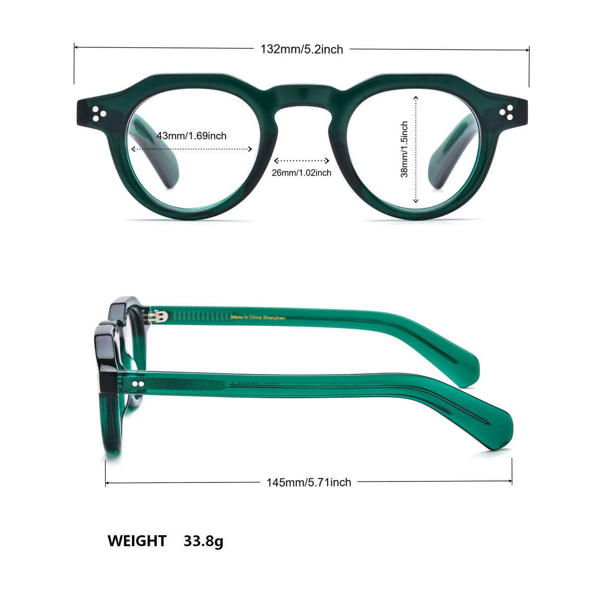 Barledear Forest Emerald retro geometric acetate eyeglasses showing 132 mm frame width, 43 mm lens width, 38 mm lens height, 26 mm bridge, and 145 mm temples