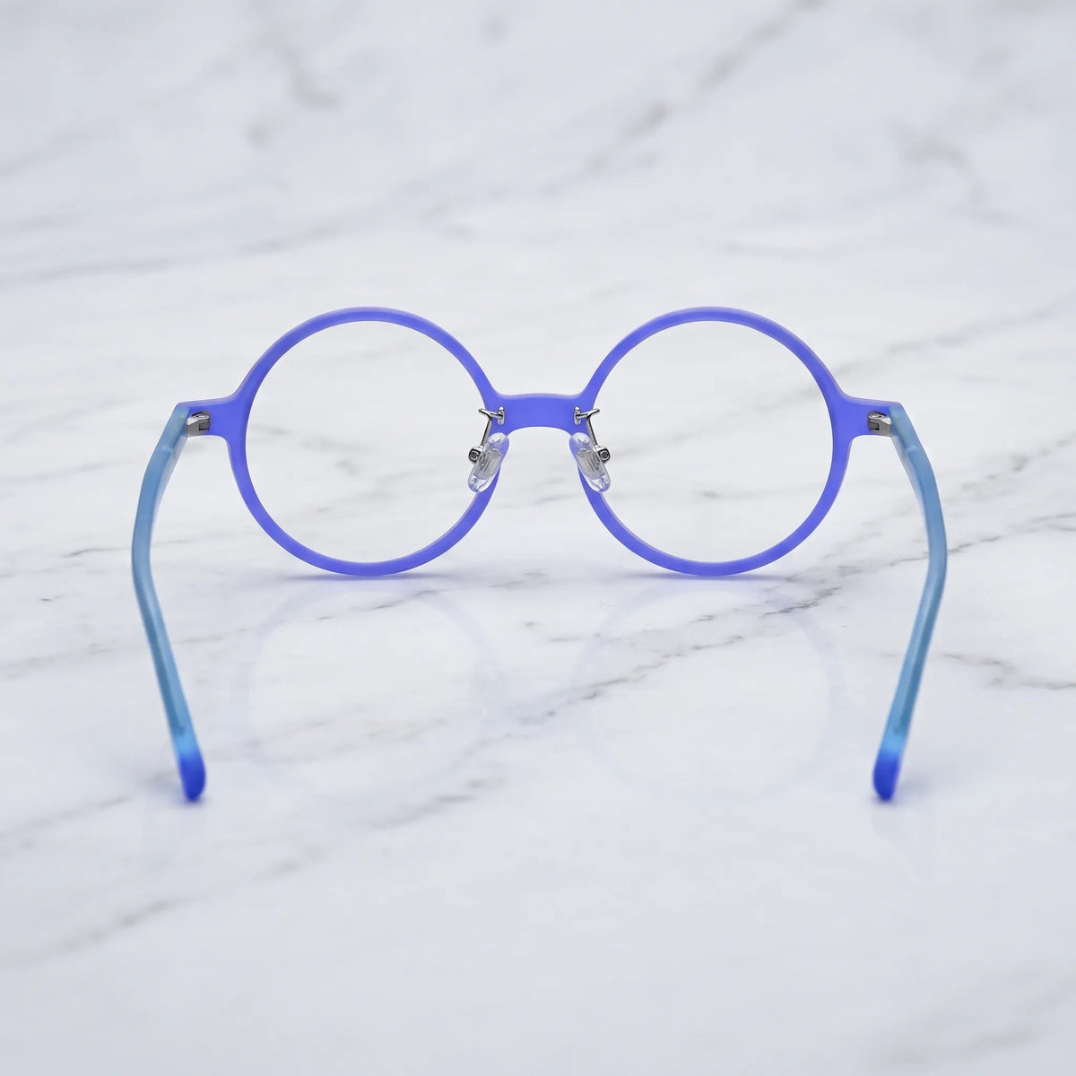 Barledear Frosted Iris Blue round acetate eyeglasses back view showing full-rim frame structure, clear nose pads, and temple shape
