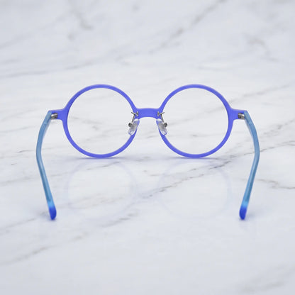 Barledear Frosted Iris Blue round acetate eyeglasses back view showing full-rim frame structure, clear nose pads, and temple shape