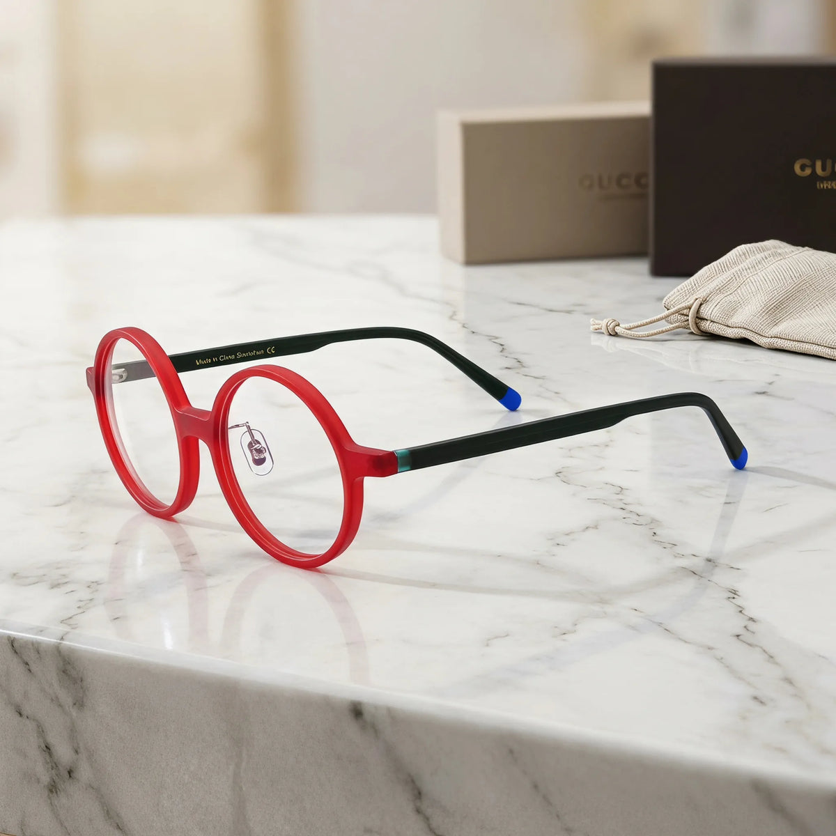 Barledear Frosted Ruby Teal round acetate eyeglasses angled side view showing slim acetate temples, bridge detail, and adjustable nose pads