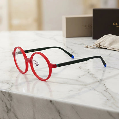 Barledear Frosted Ruby Teal round acetate eyeglasses angled side view showing slim acetate temples, bridge detail, and adjustable nose pads
