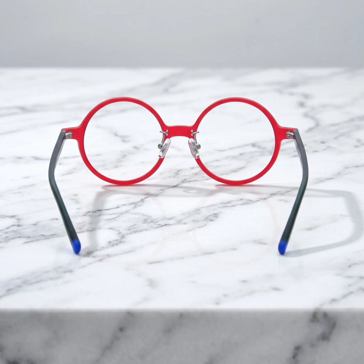 Barledear Frosted Ruby Teal round acetate eyeglasses back view showing full-rim frame structure, clear nose pads, and temple shape