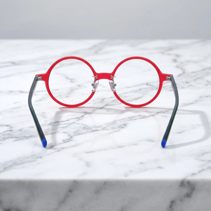 Barledear Frosted Ruby Teal round acetate eyeglasses back view showing full-rim frame structure, clear nose pads, and temple shape