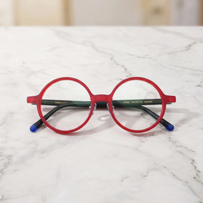 Barledear Frosted Ruby Teal round acetate eyeglasses folded display showing frame shape, slim temples, and contrast blue temple tips