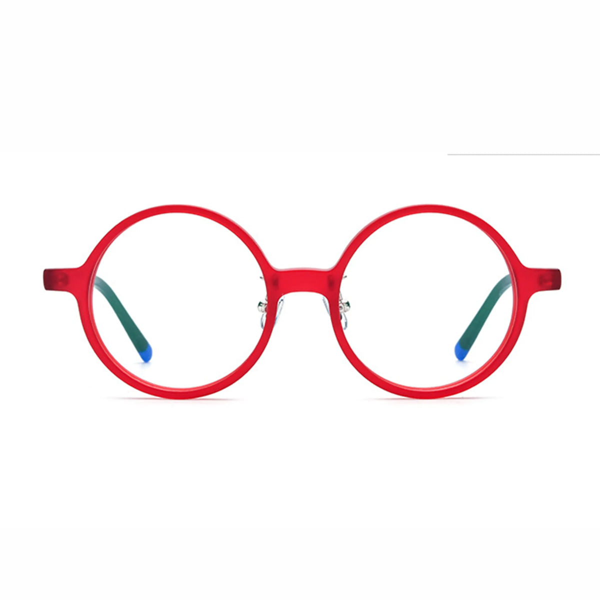 Barledear Frosted Ruby Teal round acetate eyeglasses front view with lightweight full-rim frame and bold frosted red finish