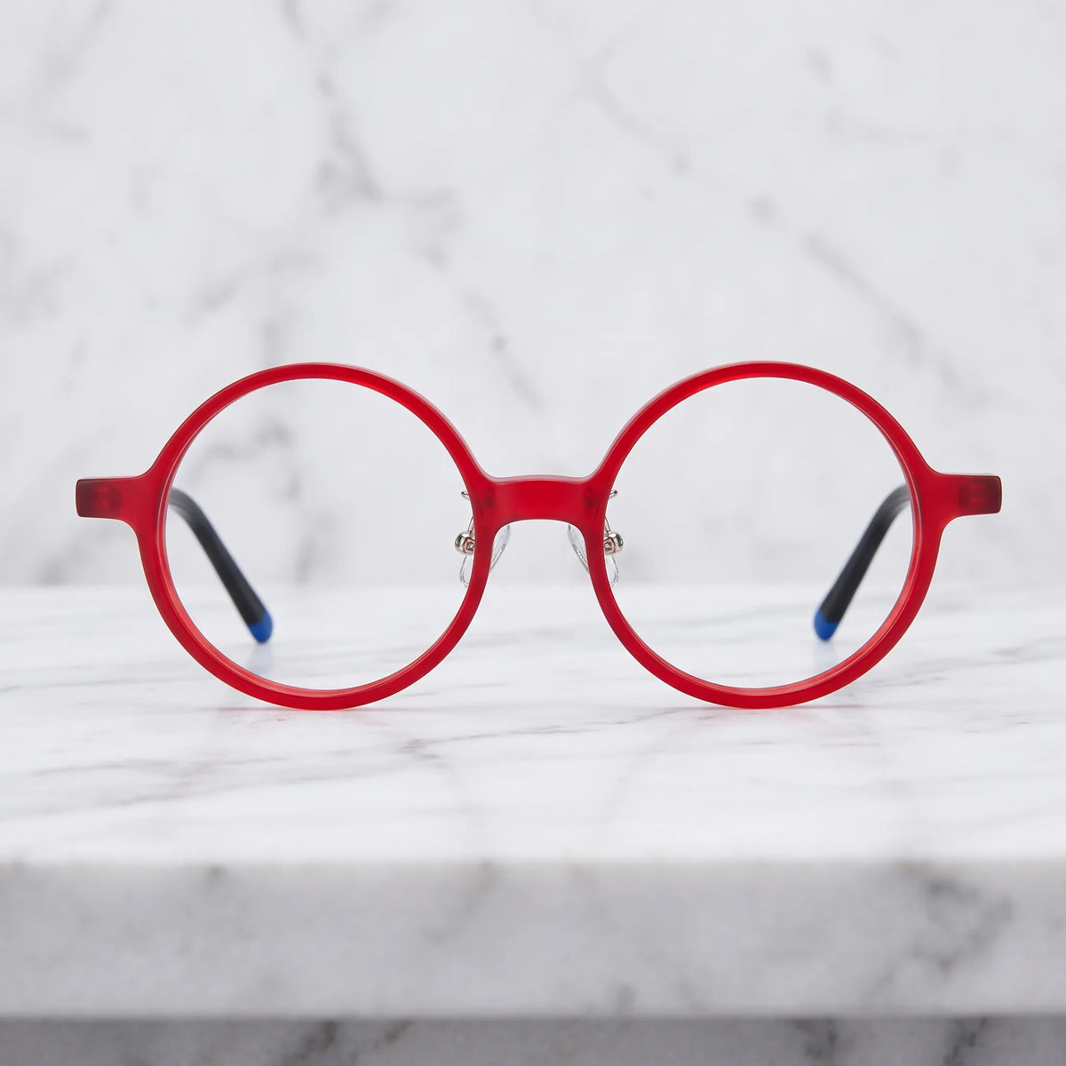 Barledear Frosted Ruby Teal round acetate eyeglasses shown in a clean lifestyle front view with red frame and deep teal temples