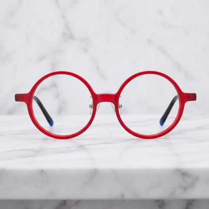 Barledear Frosted Ruby Teal round acetate eyeglasses shown in a clean lifestyle front view with red frame and deep teal temples