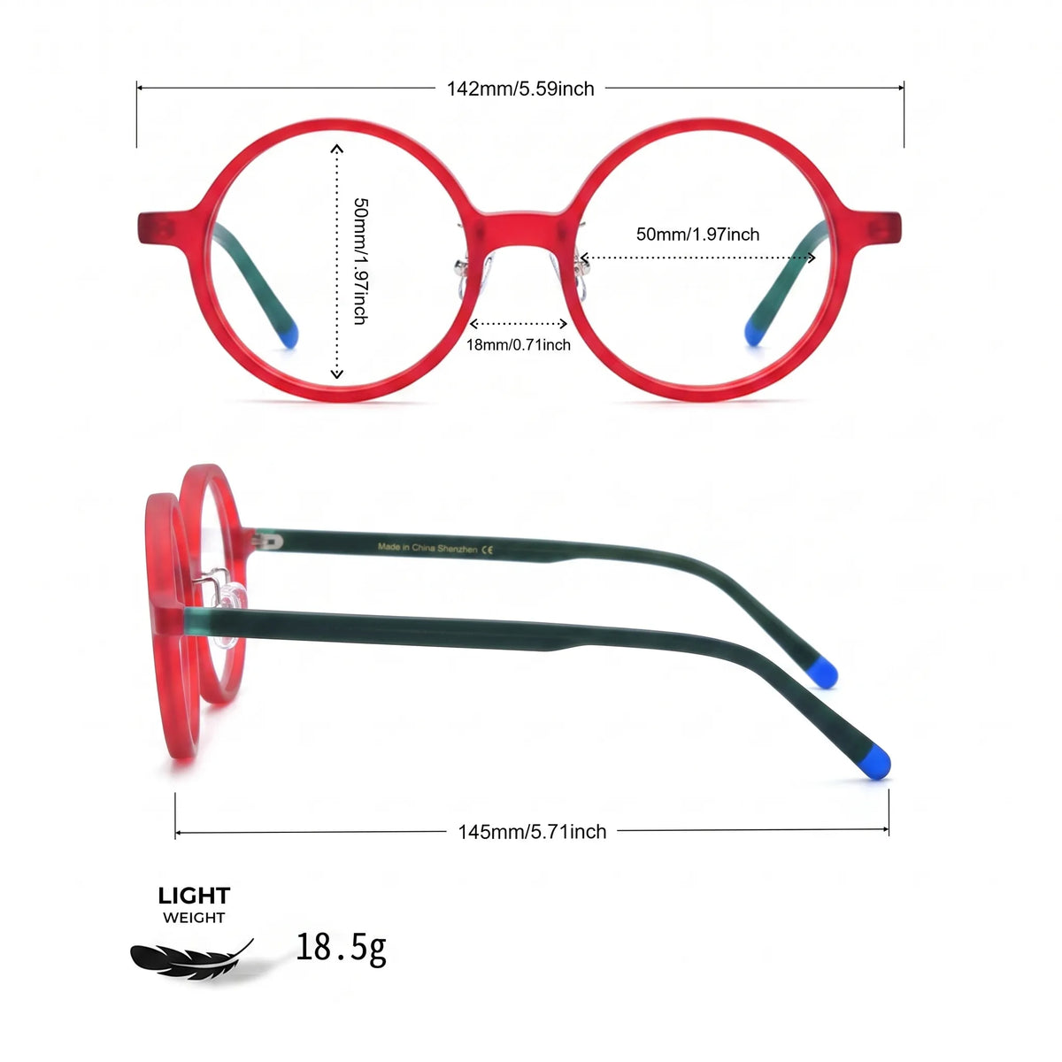 Barledear Frosted Ruby Teal round acetate eyeglasses size chart with 142 mm frame width, 50 mm lens width, 50 mm lens height, 18 mm bridge, 145 mm temple length, and 18.5 g lightweight frame