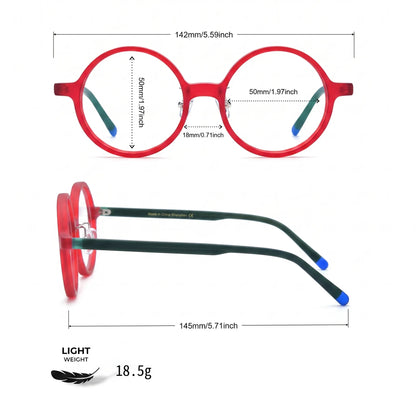 Barledear Frosted Ruby Teal round acetate eyeglasses size chart with 142 mm frame width, 50 mm lens width, 50 mm lens height, 18 mm bridge, 145 mm temple length, and 18.5 g lightweight frame