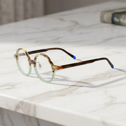 Barledear Frosted Sage Tortoise round acetate eyeglasses angled side view showing slim acetate temples, bridge detail, and adjustable nose pads