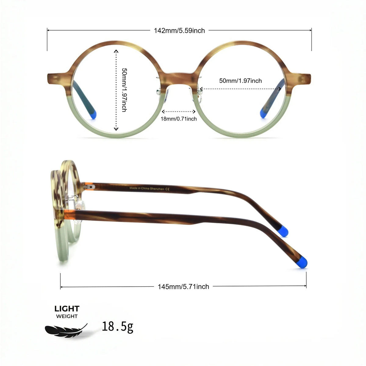 Barledear Frosted Sage Tortoise round acetate eyeglasses size chart with 142 mm frame width, 50 mm lens width, 50 mm lens height, 18 mm bridge, 145 mm temple length, and 18.5 g lightweight frame