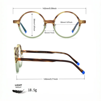 Barledear Frosted Sage Tortoise round acetate eyeglasses size chart with 142 mm frame width, 50 mm lens width, 50 mm lens height, 18 mm bridge, 145 mm temple length, and 18.5 g lightweight frame