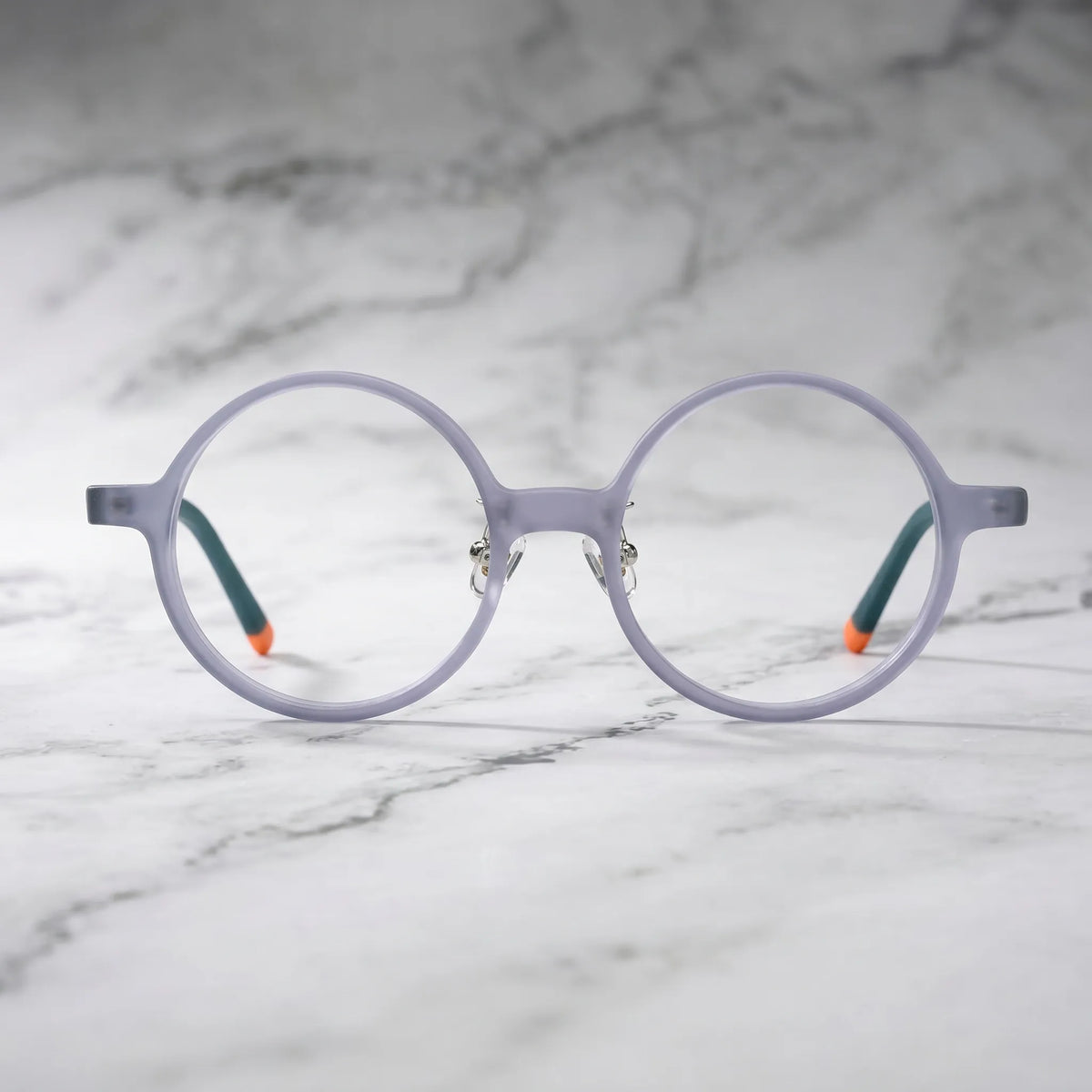 Barledear Frosted Smoke Ember round acetate eyeglasses shown in a clean lifestyle front view with translucent gray frame and dark temples