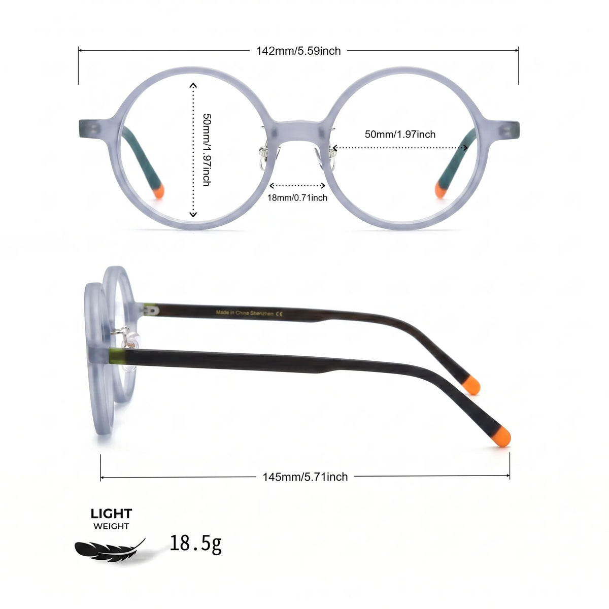 Barledear Frosted Smoke Ember round acetate eyeglasses size chart with 142 mm frame width, 50 mm lens width, 50 mm lens height, 18 mm bridge, 145 mm temple length, and 18.5 g lightweight frame