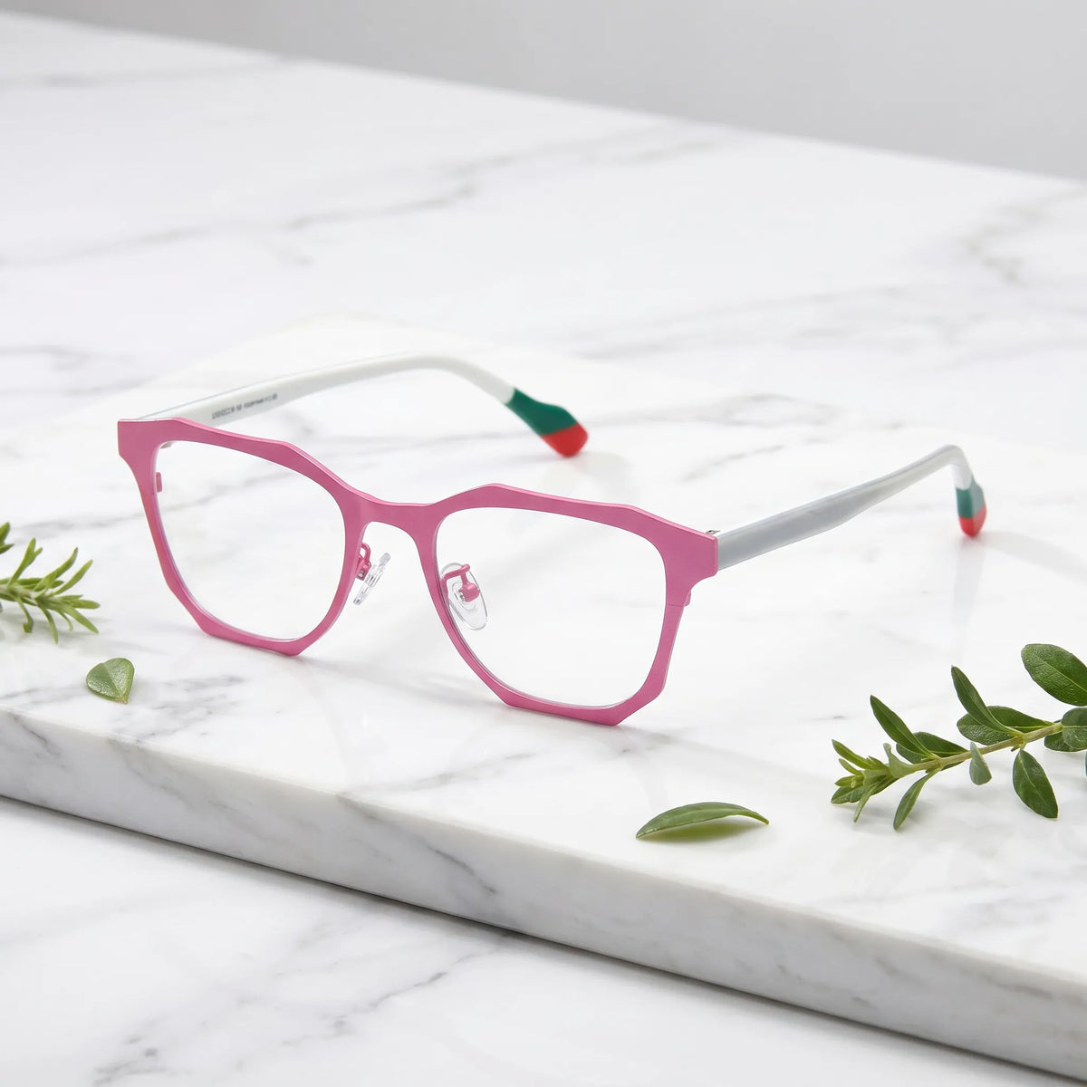Barledear Fuchsia Jade eyeglasses angled side view showing slim temples, adjustable nose pads, and artistic bridge detail
