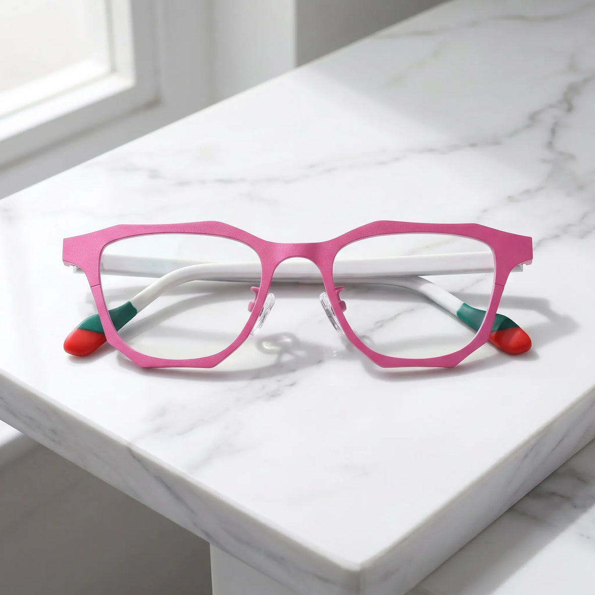 Barledear Fuchsia Jade eyeglasses folded display showing light temples, colorful tips, and lightweight geometric frame