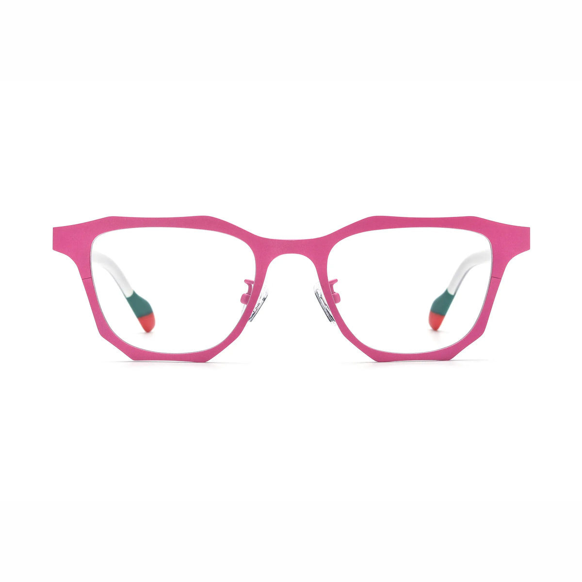 Barledear Fuchsia Jade eyeglasses front view with pink titanium square frame, light temples, and green-red temple tips